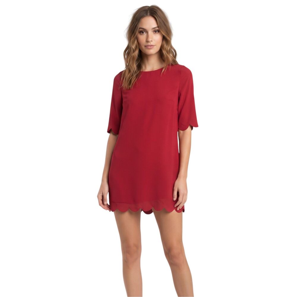 Tobi Red Sheer Shift Dress XS Scallop Hem 3/4 Sleeve